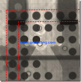 BGA錫球尺寸小于0.4mm，采用降低BGA內(nèi)圍襲球的錫膏量所得到X-Ray，稍微留意一下可以發(fā)現(xiàn)最外圈的錫量(圓的直徑)比其他內(nèi)圍的錫球上的錫量來(lái)得多一點(diǎn)點(diǎn)。也就是外圈的黑色圓形直徑比內(nèi)圈的圓形來(lái)得大一點(diǎn)點(diǎn)。