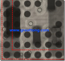 BGA錫球尺寸小于0.4mm，采用降低BGA內(nèi)圍襲球的錫膏量所得到X-Ray，稍微留意一下可以發(fā)現(xiàn)最外圈的錫量(圓的直徑)比其他內(nèi)圍的錫球上的錫量來(lái)得多一點(diǎn)點(diǎn)。也就是外圈的黑色圓形直徑比內(nèi)圈的圓形來(lái)得大一點(diǎn)點(diǎn)。