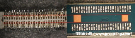 把板對板連接器與其電路板的佈線焊墊作一個(gè)比較，端子的切斷面有毛邊的地方剛好對到了裸銅區(qū)。