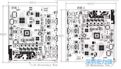 如圖7所示是使用不同數(shù)量邊條的拼板，拼板1僅使用了一個(gè)邊條，直接利用PCB另一邊作為SMT工藝傳送邊，并且PCB圖形中有合適的安裝孔；而拼板2則是按常規(guī)設(shè)計(jì)了兩個(gè)邊條。拼板方式為連接筋。圖中“Breakaway Tab”指邊條-深圳宏力捷