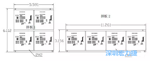 如圖9所示在兩種拼板中PCB單元的排列方式不同。拼板方式是V-CUT。這兩種拼板尺寸有明顯的的差異，將導(dǎo)致各自所需的生產(chǎn)拼板尺寸改變-深圳宏力捷