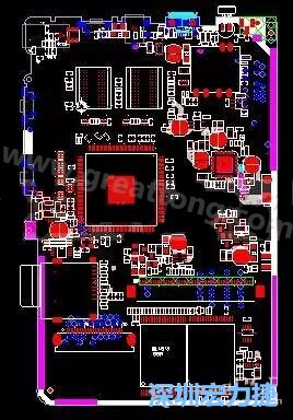 上圖是一個(gè)開(kāi)發(fā)板的PCB，從布局中可以看出各個(gè)接口電路分離很明確，SDRAM和DDR以及SD卡接口電路等走線(xiàn)不會(huì)造成相互的干擾。-深圳宏力捷